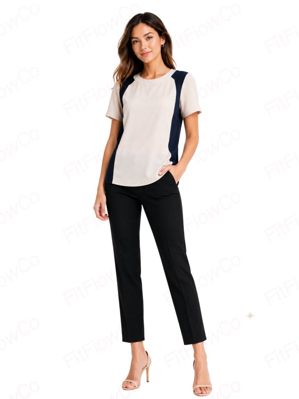 J.Crew Colorblock Blouse Size 10 Beige Navy Short Sleeve Minimalist Top